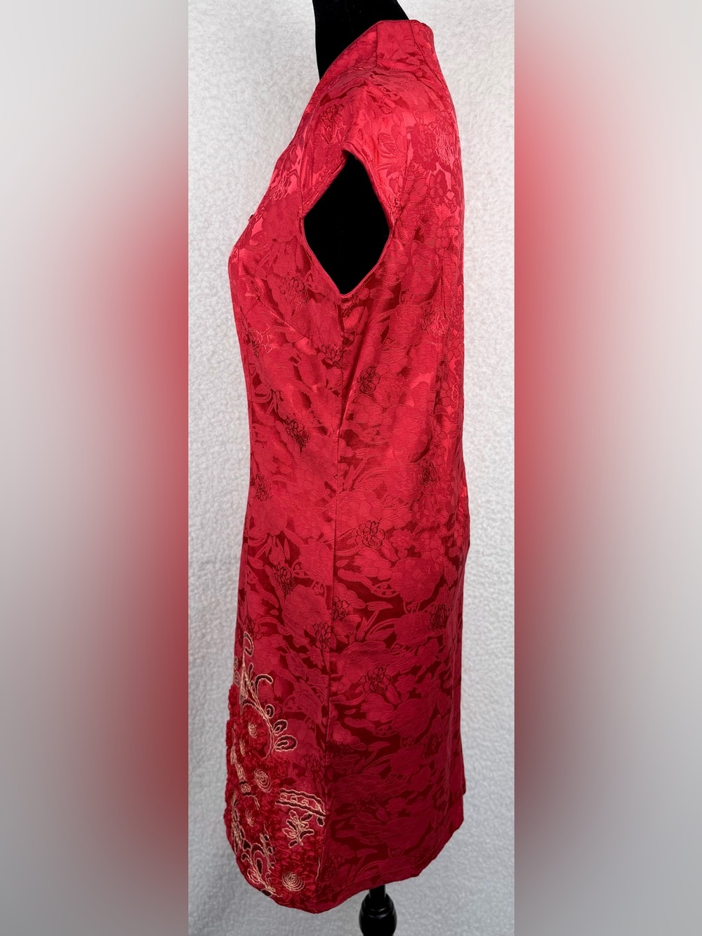 Red/Gold Floral Embroidered Mandarin Collar Sheath Mini Dress, XL - Picture 9 of 15